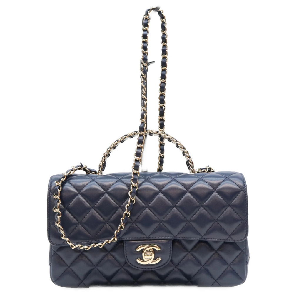 CHANEL AS4219 Navy Lambskin Gold Hardware Bejeweled Chain Top Handle Matelass...